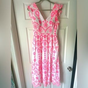 Lillyanne Eyelet Midi Dress neon-infused fit and flare pockets back-tie cutout